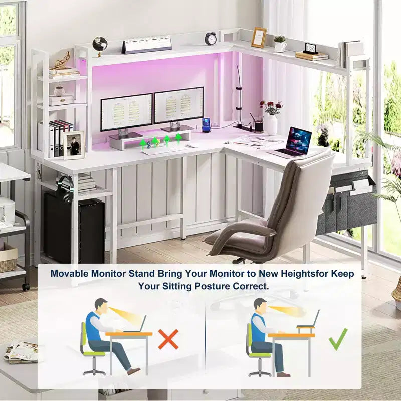 Scrivania angolare per computer Besiost con libreria e luci a LED, scrivania a L con presa di corrente