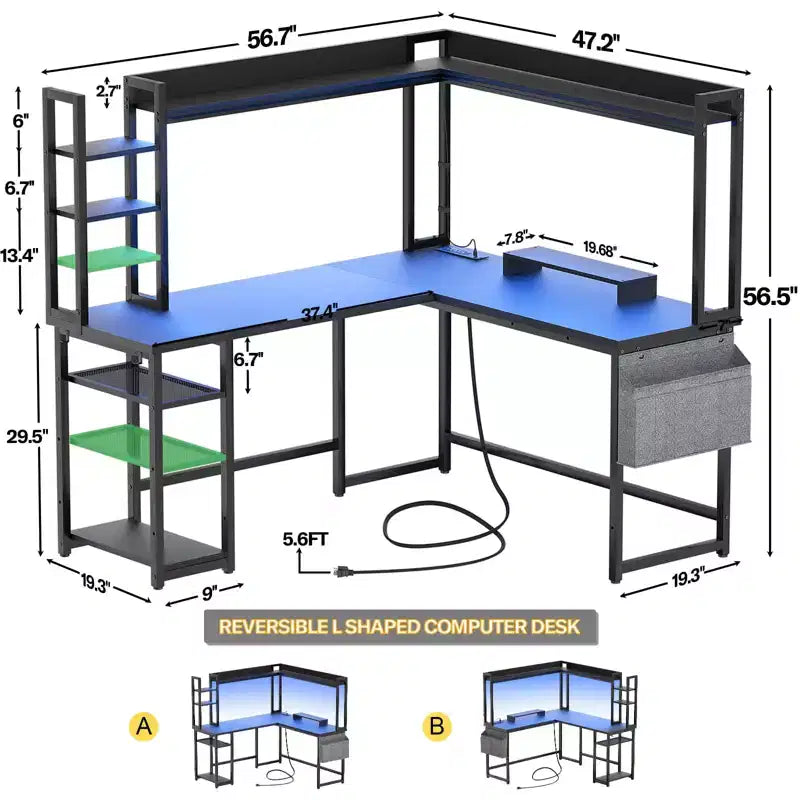 Scrivania angolare per computer Besiost con libreria e luci a LED, scrivania a L con presa di corrente
