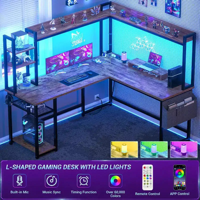 Scrivania angolare per computer Besiost con libreria e luci a LED, scrivania a L con presa di corrente