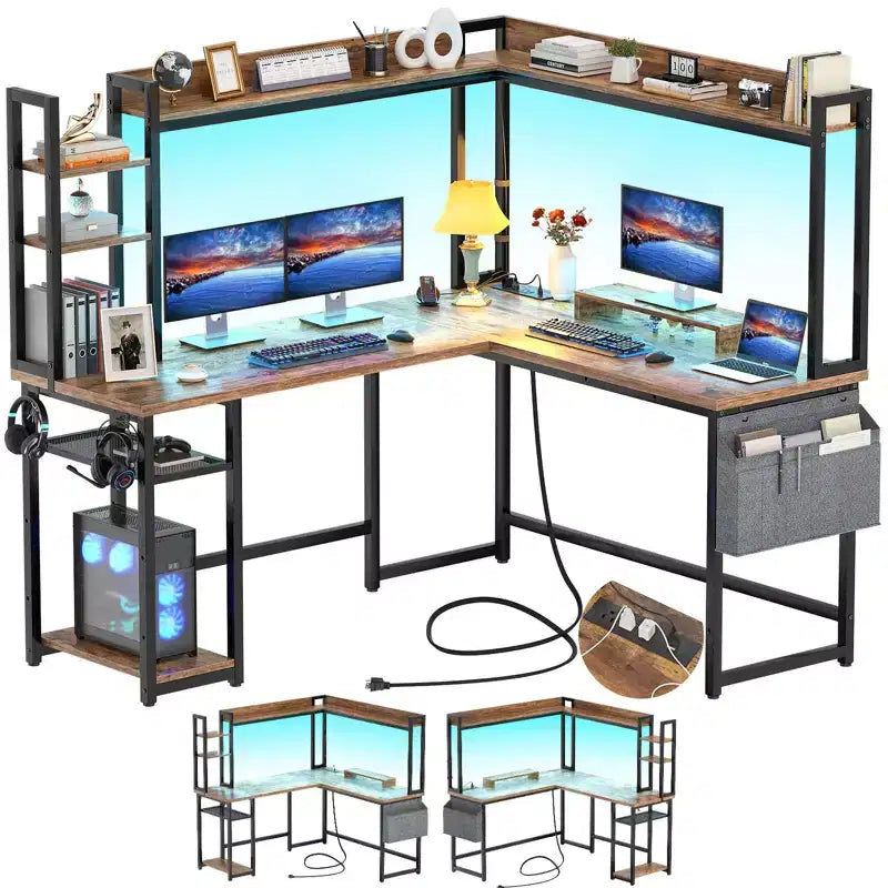 Scrivania angolare per computer Besiost con libreria e luci a LED, scrivania a L con presa di corrente