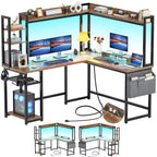 Scrivania angolare per computer Besiost con libreria e luci a LED, scrivania a L con presa di corrente