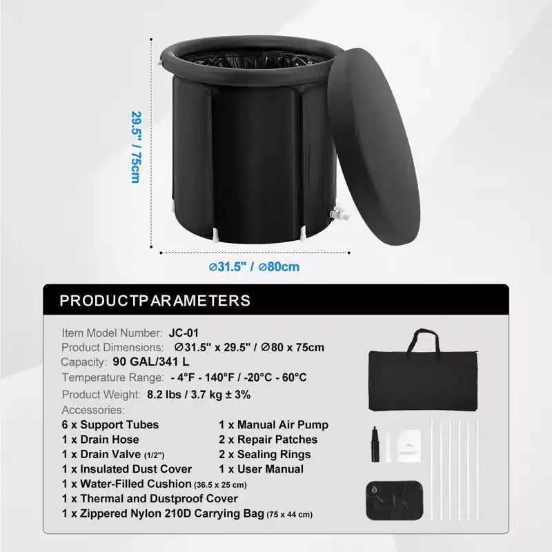 Baignoire de glace VEVOR, baignoire de thérapie par l'eau froide pour athlètes, piscine de récupération portable d'extérieur, baignoire de 340 L, 81x76 cm, noir