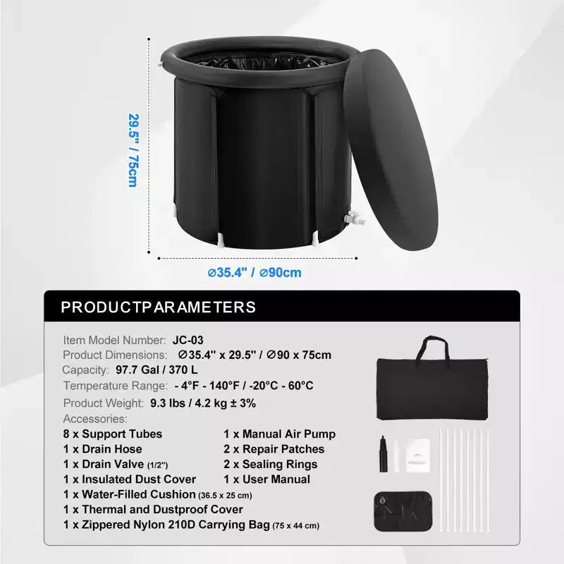 VEVOR Baignoire de Glace, Baignoire de Plongée en Eau Froide pour Athlètes, Baril de Plongée Portable Extérieur pour la Récupération, 370 L, 90L x 76H cm, Noir