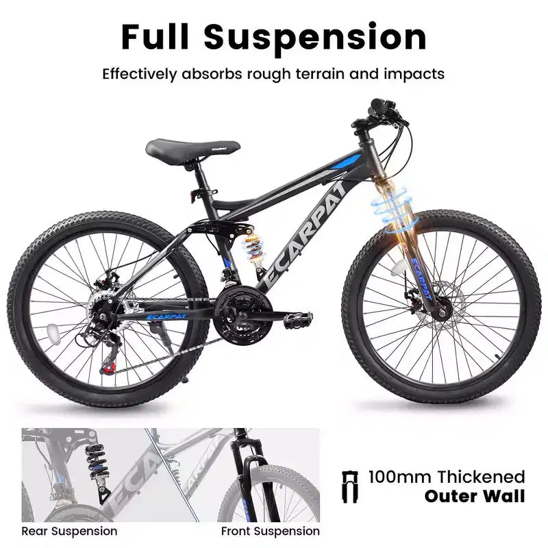 Whisen 26 Mountain Bike da Adulto con Sospensione Completa, Cambio a 21 Velocità, Freni a Disco
