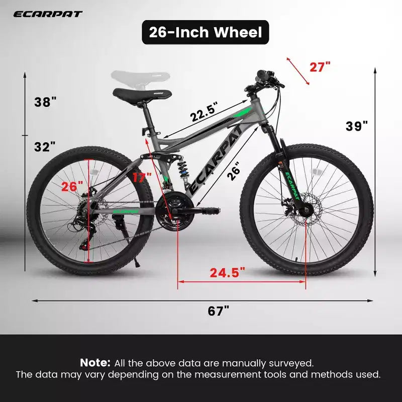 Whisen 26 Mountain Bike da Adulto con Sospensione Completa, Cambio a 21 Velocità, Freni a Disco