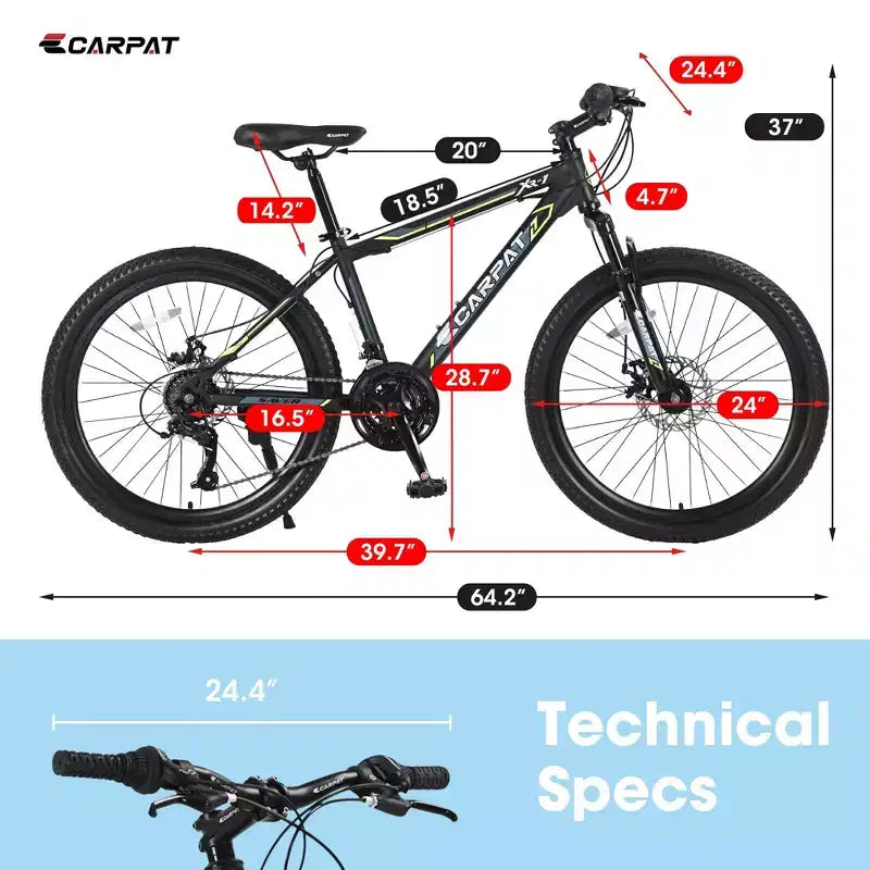 NAYSAYE Vélo VTT 24 pouces 21 vitesses double freins à disque cadre en acier pour adultes pour l l'aventure en plein air, noir et vert, 26.3*7.88*28.35