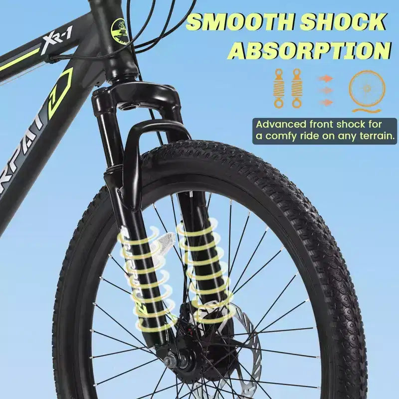 NAYSAYE Vélo VTT 24 pouces 21 vitesses double freins à disque cadre en acier pour adultes pour l l'aventure en plein air, noir et vert, 26.3*7.88*28.35