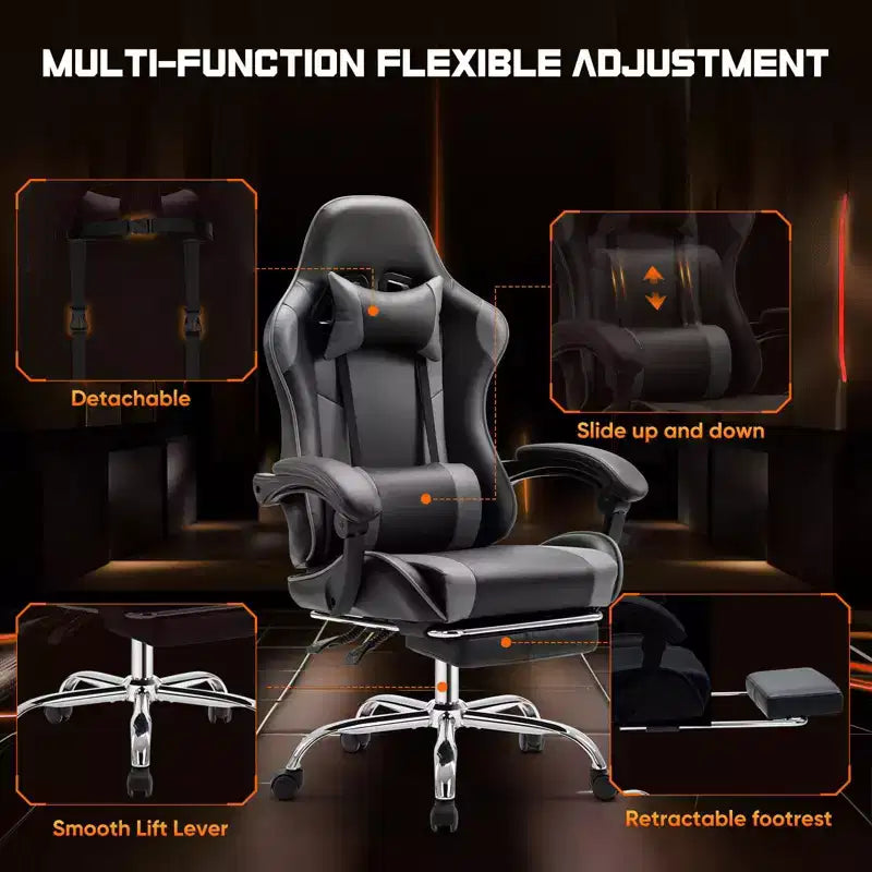 MAYEERTY Sedia da gaming Sedia da scrivania per videogiochi Ergonomica da computer con poggiapiedi Comoda con supporto lombare Reclinabile in pelle PU con poggiatesta Braccioli fissi