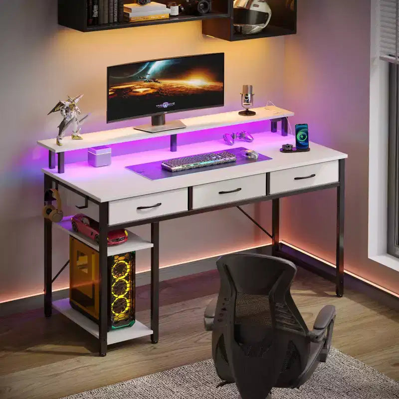 Greenstell Bureau d'ordinateur de rangement de 99/119/140 cm avec support d'écran, bureau de jeu LED, prise de courant et tiroirs multiples