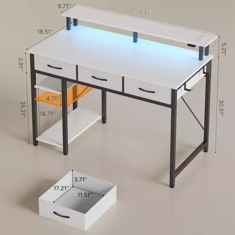 Greenstell Bureau d'ordinateur de rangement de 99/119/140 cm avec support d'écran, bureau de jeu LED, prise de courant et tiroirs multiples