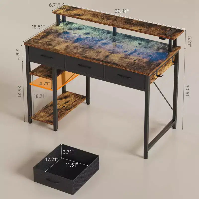 Greenstell Bureau d'ordinateur de rangement de 99/119/140 cm avec support d'écran, bureau de jeu LED, prise de courant et tiroirs multiples