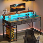 Greenstell Bureau d'ordinateur de rangement de 99/119/140 cm avec support d'écran, bureau de jeu LED, prise de courant et tiroirs multiples