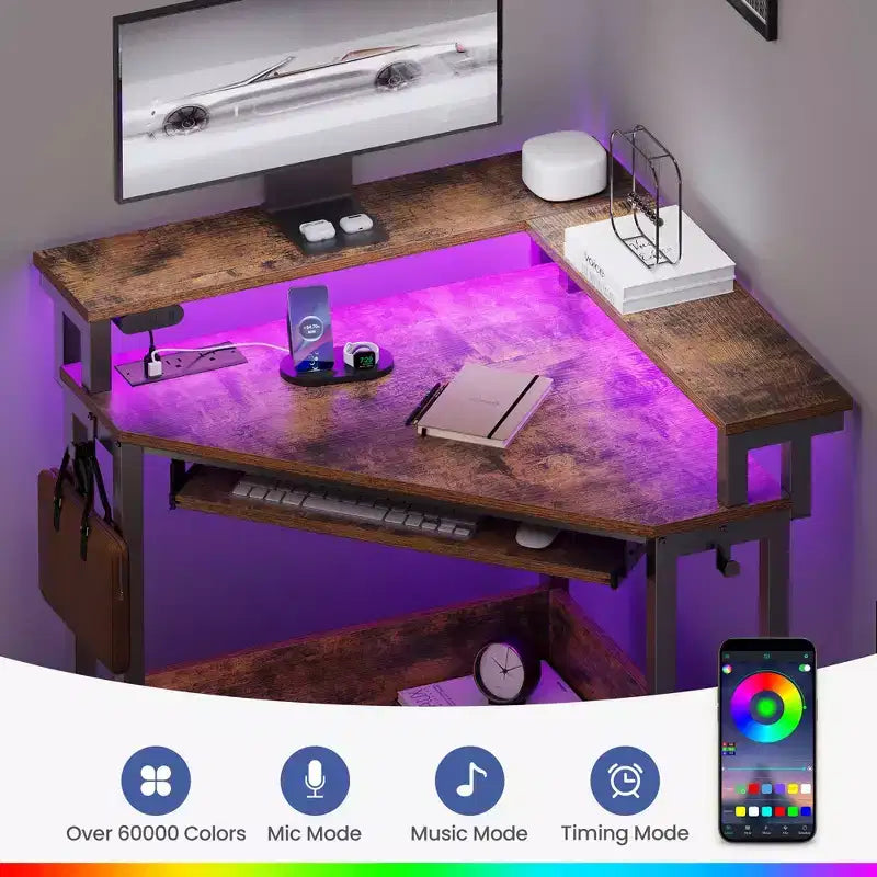 Greenstell Petit bureau d'angle avec prise de courant, bureau d'ordinateur avec lumière LED, support d'écran, tiroir à clavier et support de casque