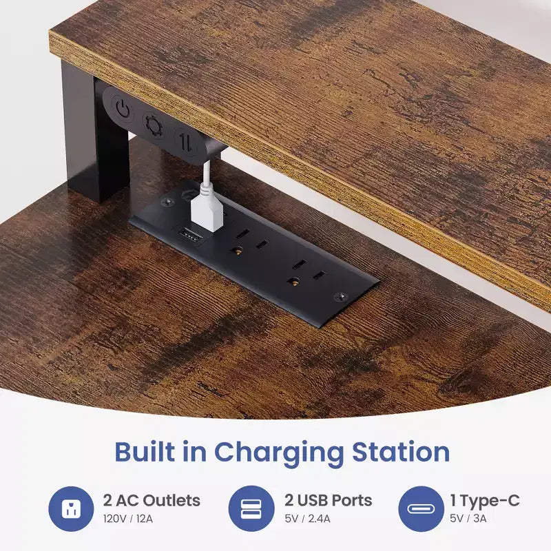 Greenstell Petit bureau d'angle avec prise de courant, bureau d'ordinateur avec lumière LED, support d'écran, tiroir à clavier et support de casque