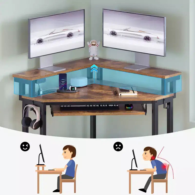 Greenstell Petit bureau d'angle avec prise de courant, bureau d'ordinateur avec lumière LED, support d'écran, tiroir à clavier et support de casque