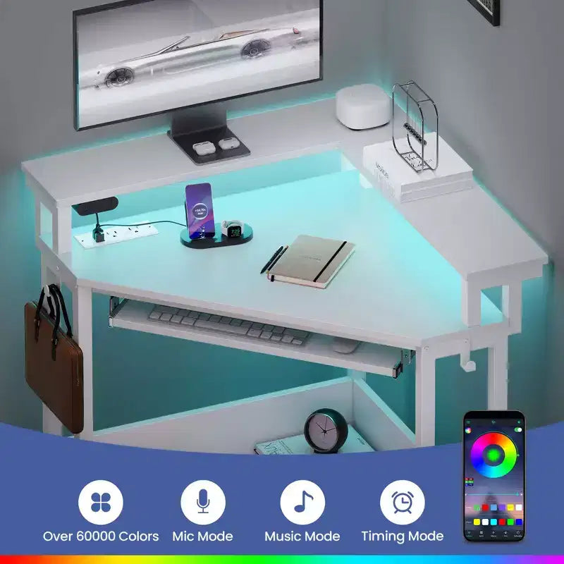 Greenstell Petit bureau d'angle avec prise de courant, bureau d'ordinateur avec lumière LED, support d'écran, tiroir à clavier et support de casque