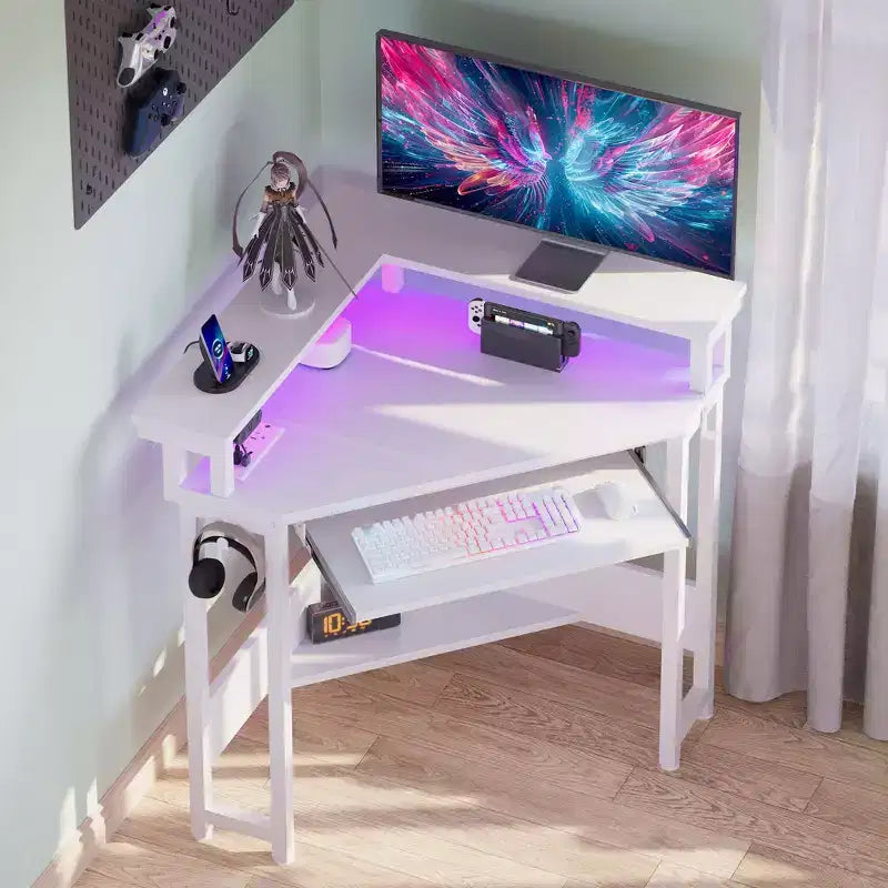 Greenstell Petit bureau d'angle avec prise de courant, bureau d'ordinateur avec lumière LED, support d'écran, tiroir à clavier et support de casque
