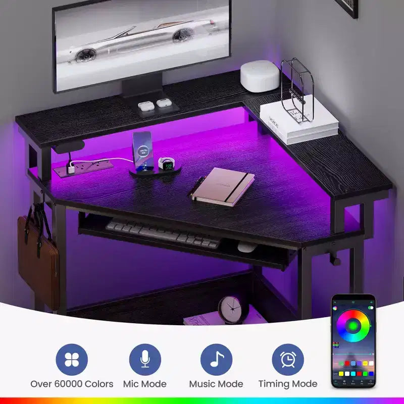 Greenstell Petit bureau d'angle avec prise de courant, bureau d'ordinateur avec lumière LED, support d'écran, tiroir à clavier et support de casque