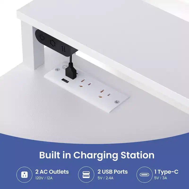 Greenstell Petit bureau d'angle avec prise de courant, bureau d'ordinateur avec lumière LED, support d'écran, tiroir à clavier et support de casque