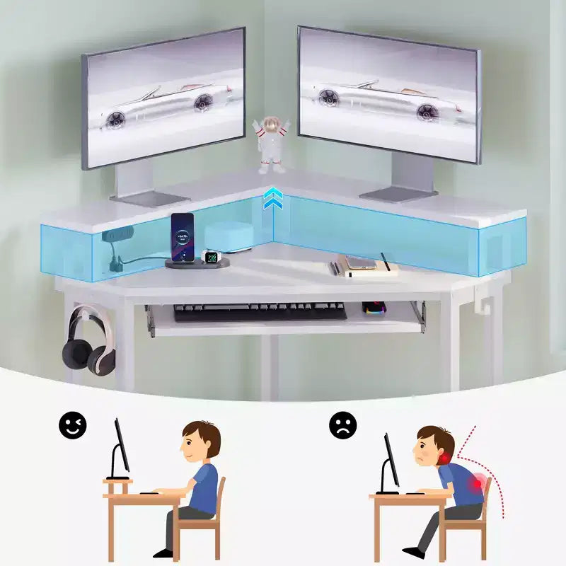Greenstell Petit bureau d'angle avec prise de courant, bureau d'ordinateur avec lumière LED, support d'écran, tiroir à clavier et support de casque