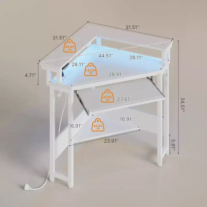 Greenstell Petit bureau d'angle avec prise de courant, bureau d'ordinateur avec lumière LED, support d'écran, tiroir à clavier et support de casque