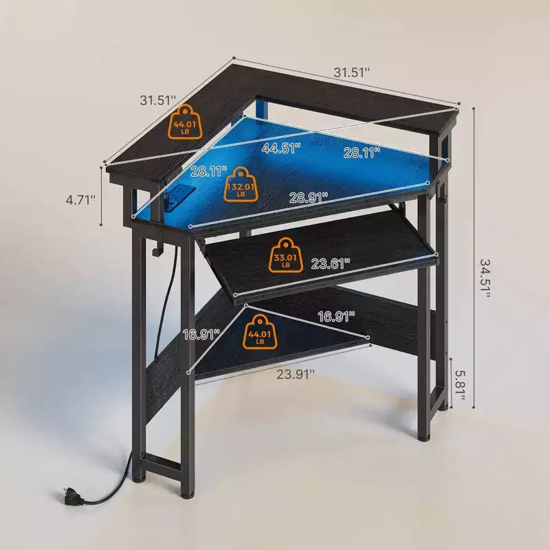 Greenstell Petit bureau d'angle avec prise de courant, bureau d'ordinateur avec lumière LED, support d'écran, tiroir à clavier et support de casque