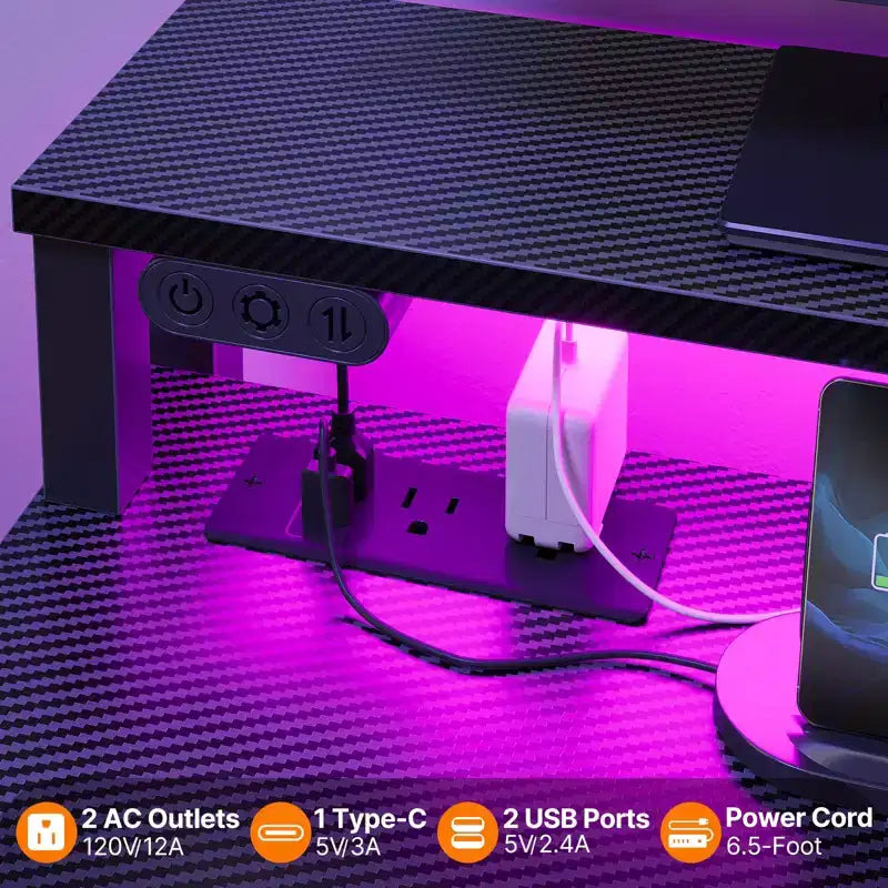 Greenstell Petit bureau d'angle avec prise de courant, bureau d'ordinateur avec lumière LED, support d'écran, tiroir à clavier et support de casque