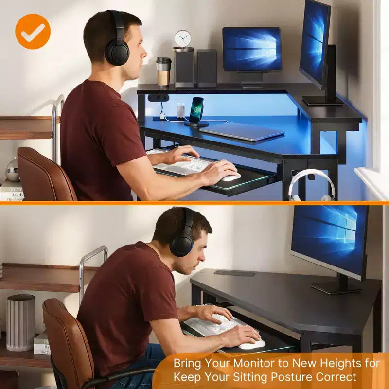 Greenstell Petit bureau d'angle avec prise de courant, bureau d'ordinateur avec lumière LED, support d'écran, tiroir à clavier et support de casque