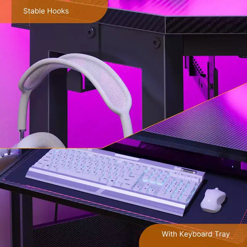 Greenstell Petit bureau d'angle avec prise de courant, bureau d'ordinateur avec lumière LED, support d'écran, tiroir à clavier et support de casque