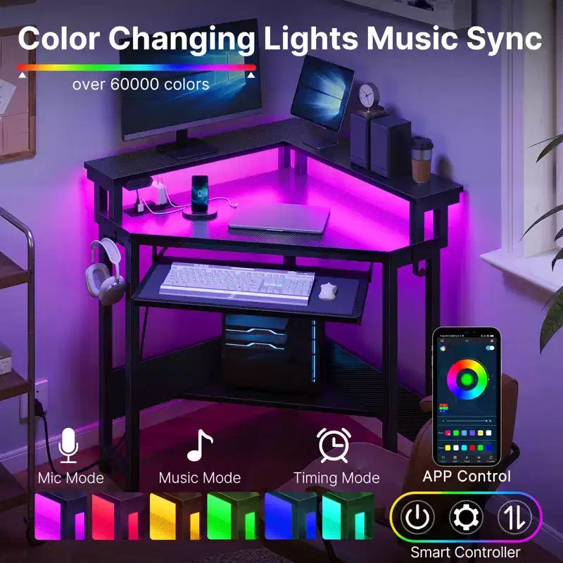 Greenstell Petit bureau d'angle avec prise de courant, bureau d'ordinateur avec lumière LED, support d'écran, tiroir à clavier et support de casque