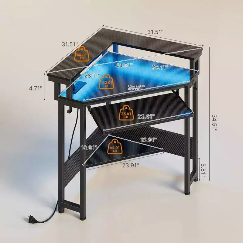 Greenstell Petit bureau d'angle avec prise de courant, bureau d'ordinateur avec lumière LED, support d'écran, tiroir à clavier et support de casque