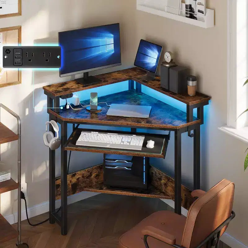 Greenstell Petit bureau d'angle avec prise de courant, bureau d'ordinateur avec lumière LED, support d'écran, tiroir à clavier et support de casque