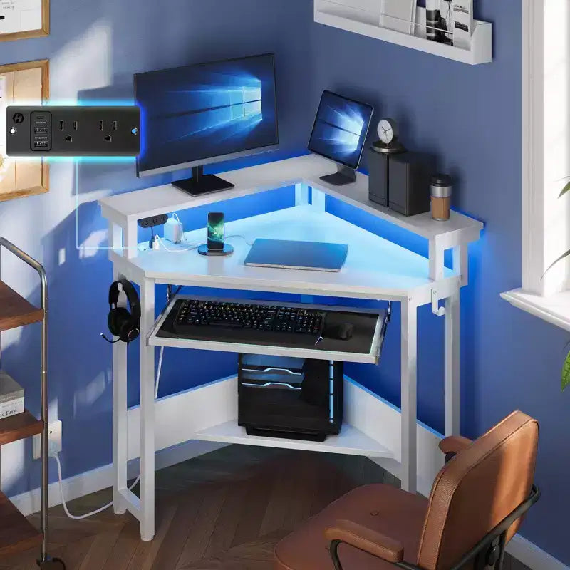 Greenstell Petit bureau d'angle avec prise de courant, bureau d'ordinateur avec lumière LED, support d'écran, tiroir à clavier et support de casque