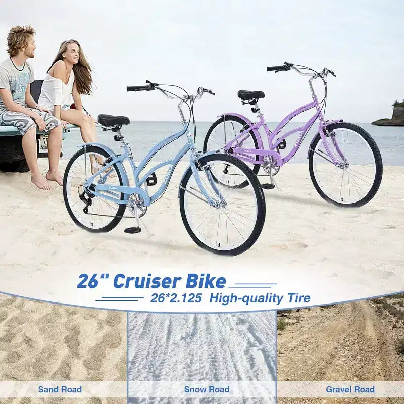 Whisen 26 Bici da donna per adulti da esterno, Beach Cruiser con telaio in acciaio ad arco ribassato, 7 velocità