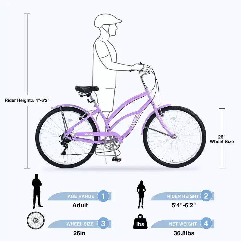 Whisen 26 Bici da donna per adulti da esterno, Beach Cruiser con telaio in acciaio ad arco ribassato, 7 velocità
