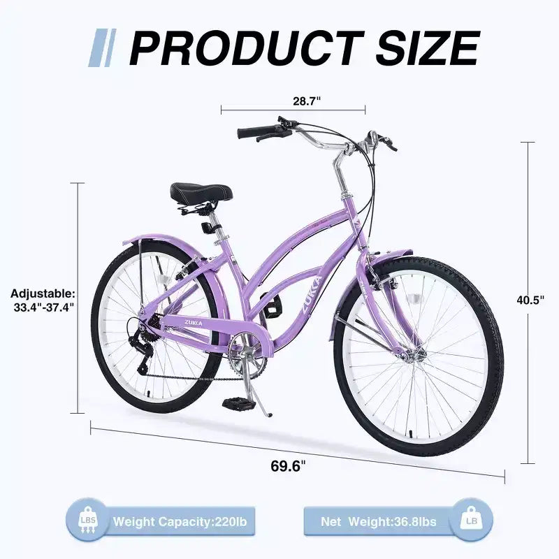 Whisen 26 Bici da donna per adulti da esterno, Beach Cruiser con telaio in acciaio ad arco ribassato, 7 velocità