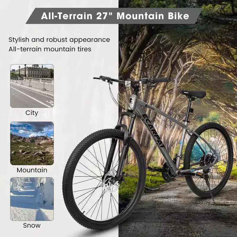 Whisen Mountain Bike 27 Pollici 21 Velocità, Forcella Ammortizzata, Telaio in Alluminio Freno a Disco - Grigio