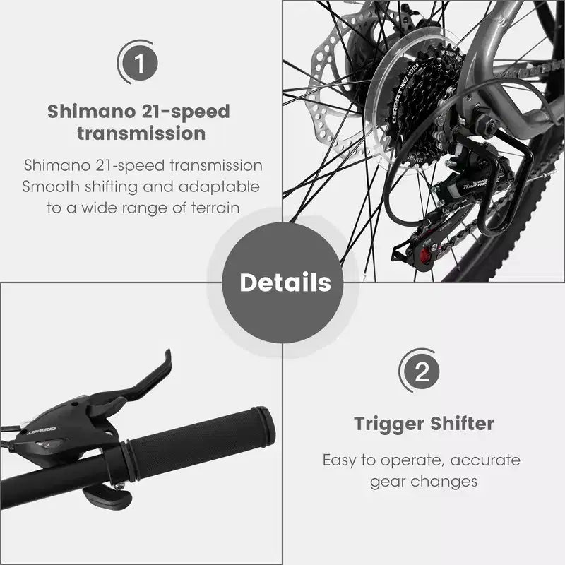Whisen Mountain Bike 27 Pollici 21 Velocità, Forcella Ammortizzata, Telaio in Alluminio Freno a Disco - Grigio