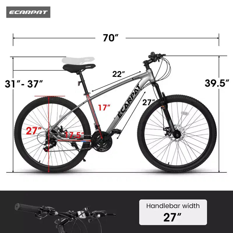 Whisen Mountain Bike 27 Pollici 21 Velocità, Forcella Ammortizzata, Telaio in Alluminio Freno a Disco - Grigio