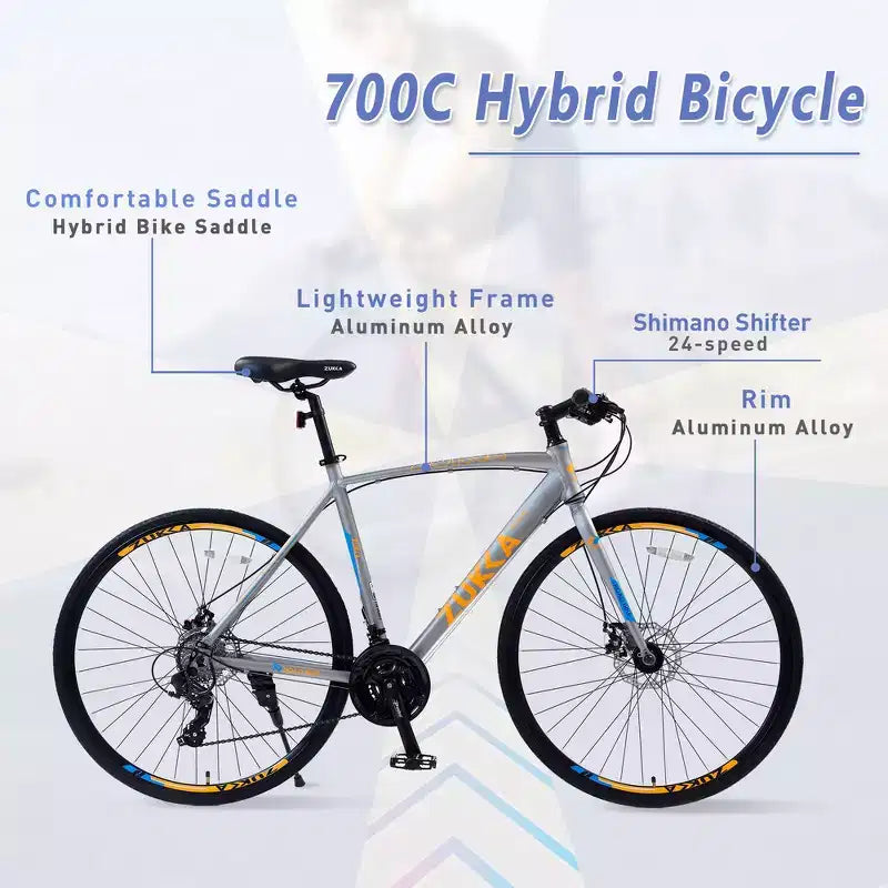Vélo hybride adulte Whisen 28, vélo de route avec vitesses 24 rapports, freins à disque