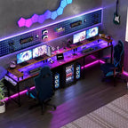 Bureau de jeu en L avec multiprise et lumières LED, bureau d'ordinateur réversible en U avec support d'écran, grande station de travail d'angle