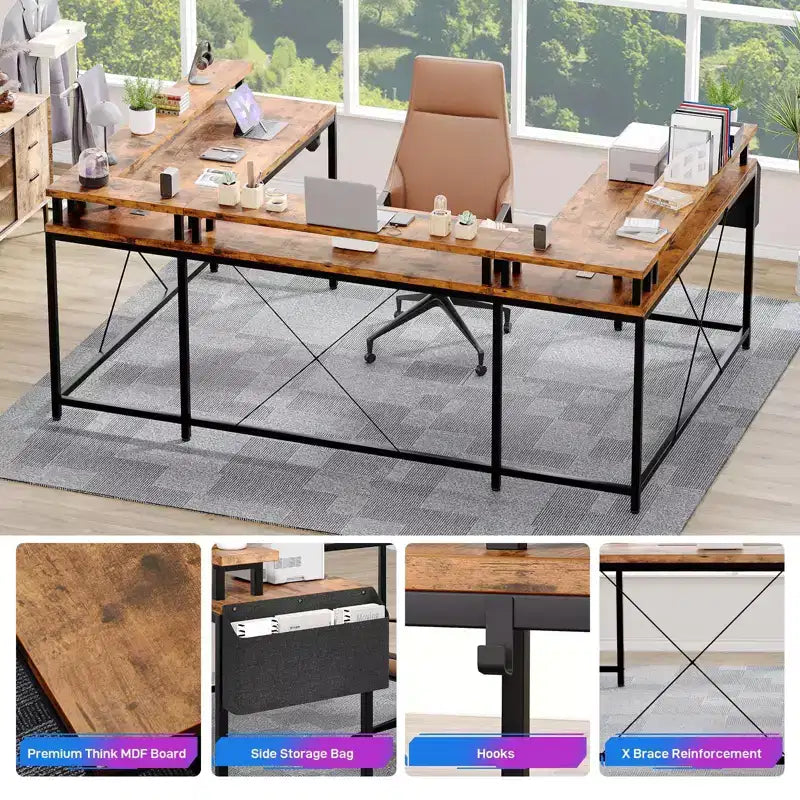 Bureau de jeu en L avec multiprise et lumières LED, bureau d'ordinateur réversible en U avec support d'écran, grande station de travail d'angle