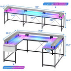 Bureau de jeu en L avec multiprise et lumières LED, bureau d'ordinateur réversible en U avec support d'écran, grande station de travail d'angle
