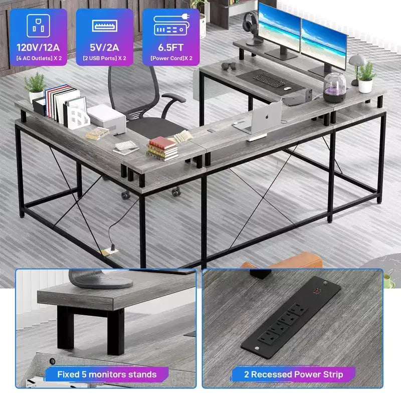 Bureau de jeu en L avec multiprise et lumières LED, bureau d'ordinateur réversible en U avec support d'écran, grande station de travail d'angle