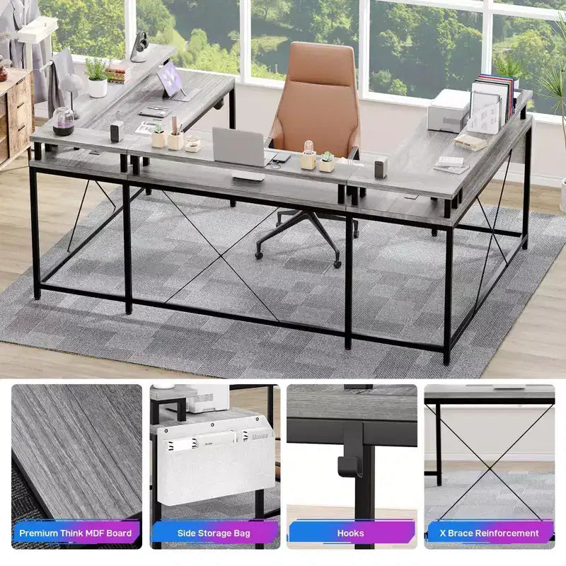 Bureau de jeu en L avec multiprise et lumières LED, bureau d'ordinateur réversible en U avec support d'écran, grande station de travail d'angle