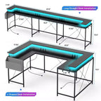 Bureau de jeu en L avec multiprise et lumières LED, bureau d'ordinateur réversible en U avec support d'écran, grande station de travail d'angle