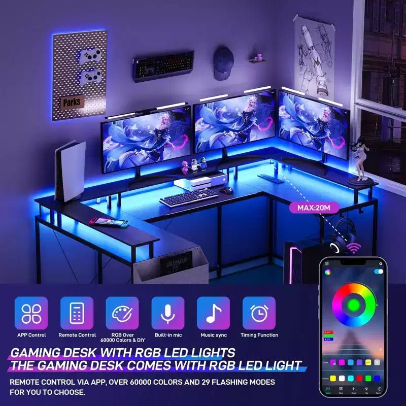 Bureau de jeu en L avec multiprise et lumières LED, bureau d'ordinateur réversible en U avec support d'écran, grande station de travail d'angle