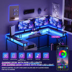 Bureau de jeu en L avec multiprise et lumières LED, bureau d'ordinateur réversible en U avec support d'écran, grande station de travail d'angle