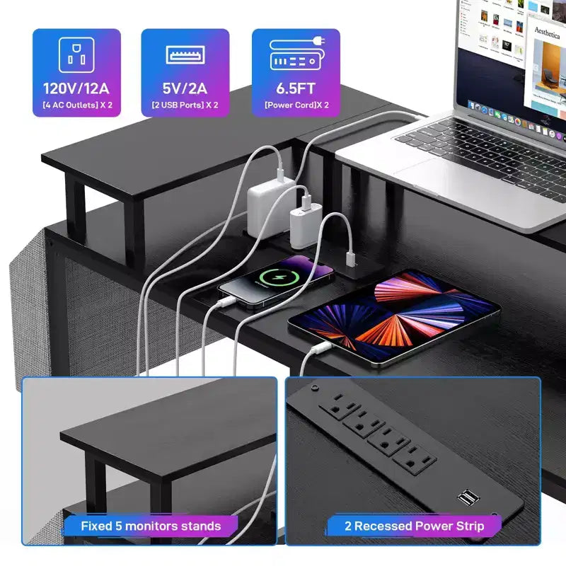 Bureau de jeu en L avec multiprise et lumières LED, bureau d'ordinateur réversible en U avec support d'écran, grande station de travail d'angle