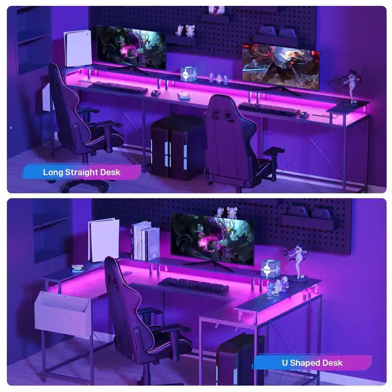 Bureau de jeu en L avec multiprise et lumières LED, bureau d'ordinateur réversible en U avec support d'écran, grande station de travail d'angle